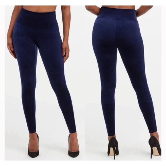 SPANX Navy Blue High Waist Velvet Velour Stretch Leggings Pants Women’s Medium - Picture 1 of 6